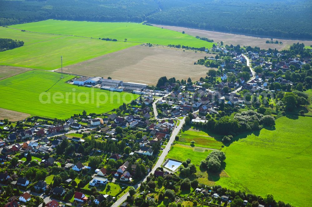 Schköna from above - Village view on the edge of agricultural fields and land on street Hauptstrasse in Schkoena in the state Saxony-Anhalt, Germany