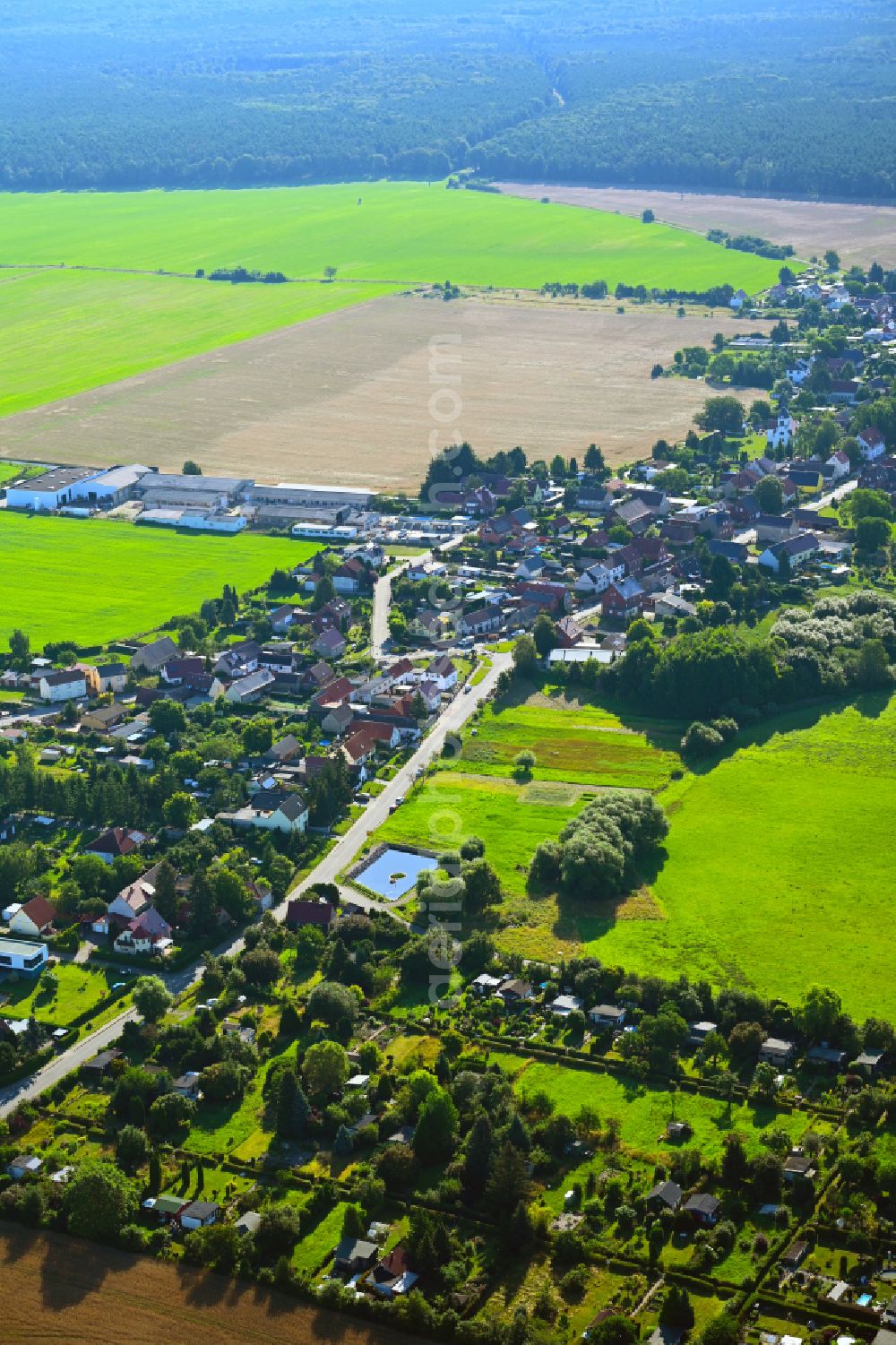 Schköna from the bird's eye view: Village view on the edge of agricultural fields and land on street Hauptstrasse in Schkoena in the state Saxony-Anhalt, Germany