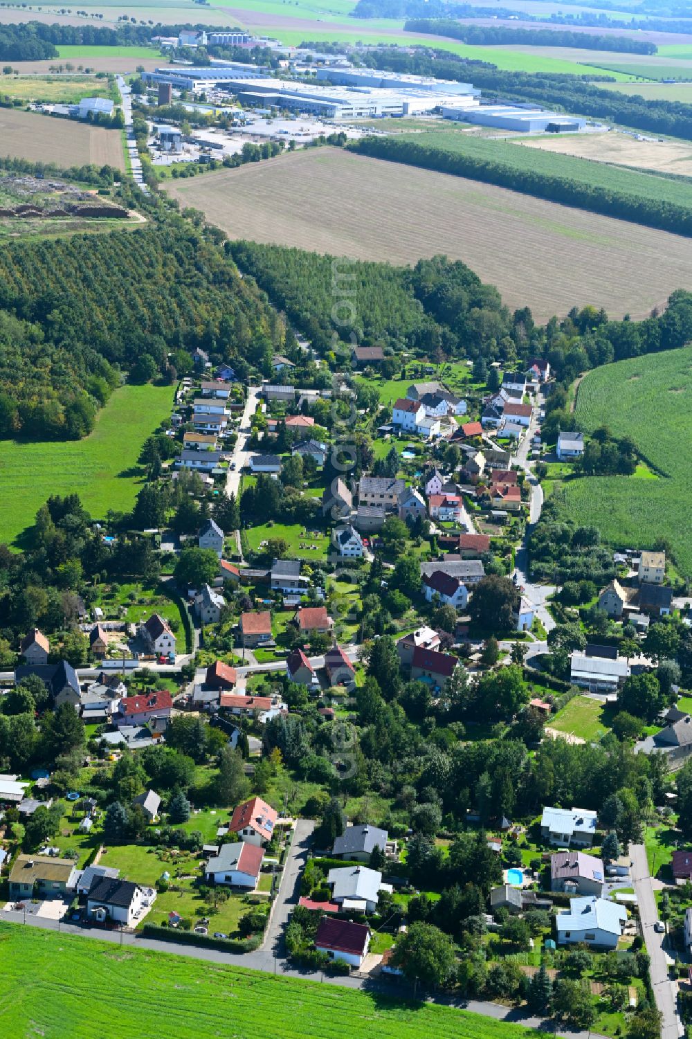 Schloßig from above - Village view on the edge of agricultural fields and land in Schloßig in the state Thuringia, Germany