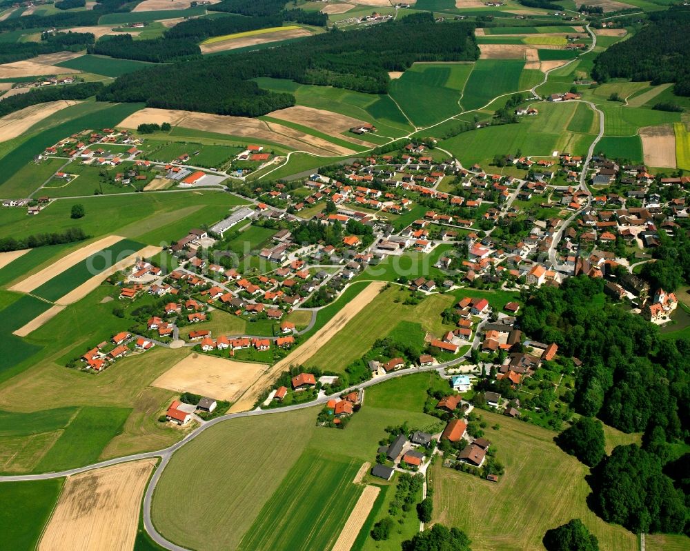 Schönau from above - Village view on the edge of agricultural fields and land in Schönau in the state Bavaria, Germany