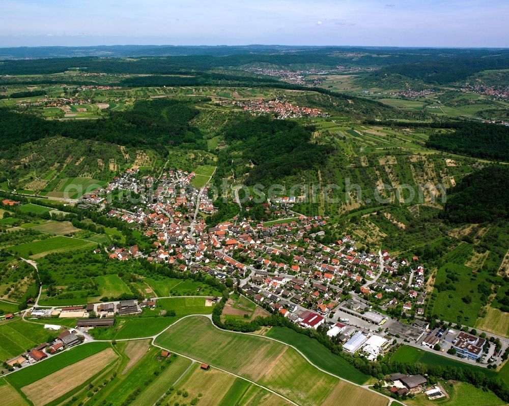 Schornbach from the bird's eye view: Village view on the edge of agricultural fields and land in Schornbach in the state Baden-Wuerttemberg, Germany