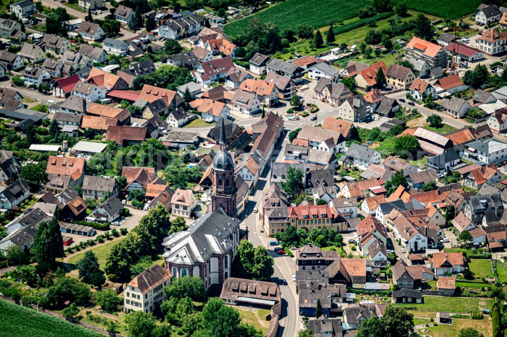 Schuttern from the bird's eye view: Village view on the edge of agricultural fields and land in Schuttern in the state Baden-Wuerttemberg, Germany