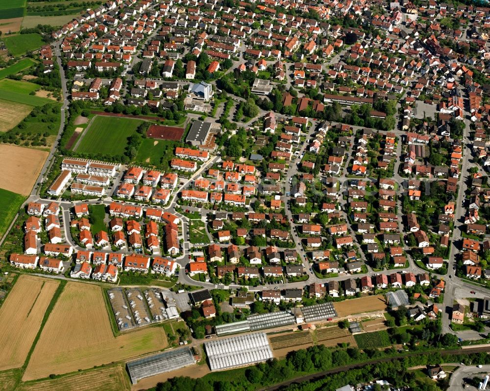 Schwaikheim from above - Village view on the edge of agricultural fields and land in Schwaikheim in the state Baden-Wuerttemberg, Germany