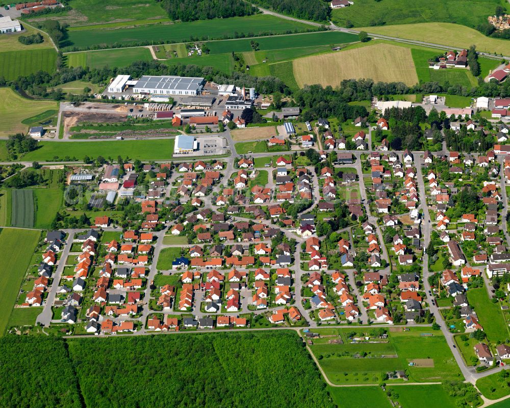 Schwendi from above - Village view on the edge of agricultural fields and land in Schwendi in the state Baden-Wuerttemberg, Germany