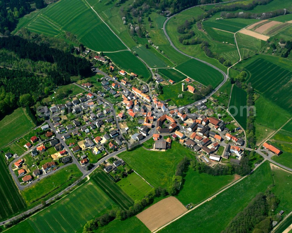 Seibelsdorf from above - Village view on the edge of agricultural fields and land in Seibelsdorf in the state Hesse, Germany