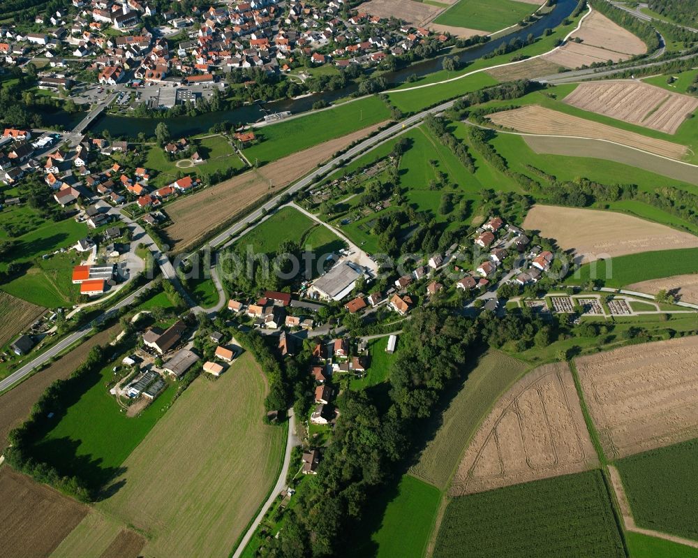 Aerial photograph Sigmaringen - Village view on the edge of agricultural fields and land in Sigmaringen in the state Baden-Wuerttemberg, Germany