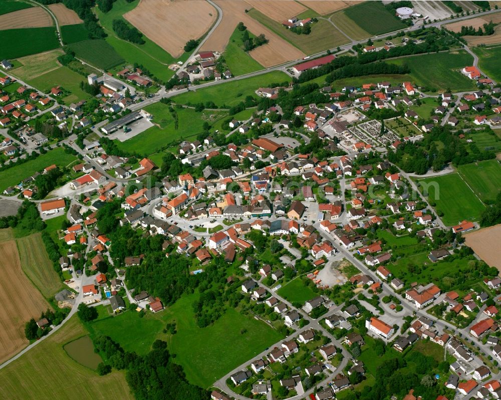 Simbach from above - Village view on the edge of agricultural fields and land in Simbach in the state Bavaria, Germany