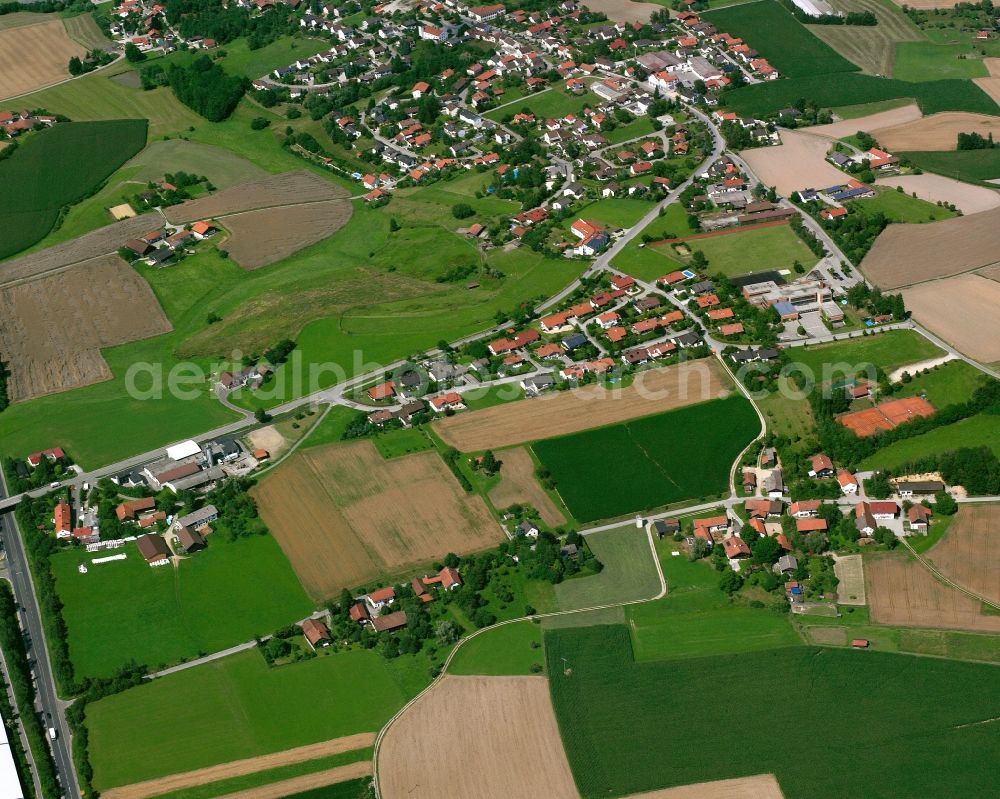 Simbach from the bird's eye view: Village view on the edge of agricultural fields and land in Simbach in the state Bavaria, Germany