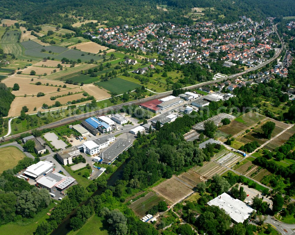 Pfinztal from above - Village view on the edge of agricultural fields and land in Pfinztal in the state Baden-Wuerttemberg, Germany