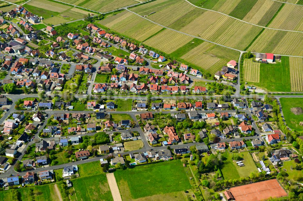 Aerial image Sommerach - Village view on the edge of agricultural fields and land in Sommerach in the state Bavaria, Germany