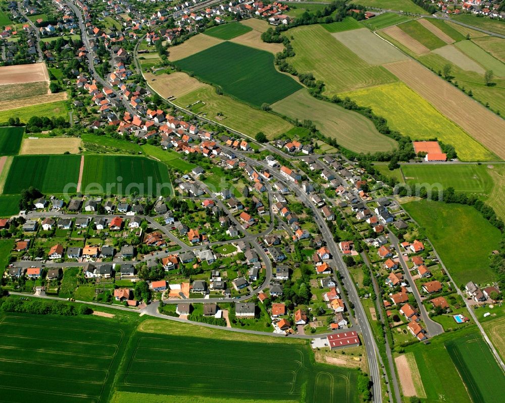 Sorga from above - Village view on the edge of agricultural fields and land in Sorga in the state Hesse, Germany