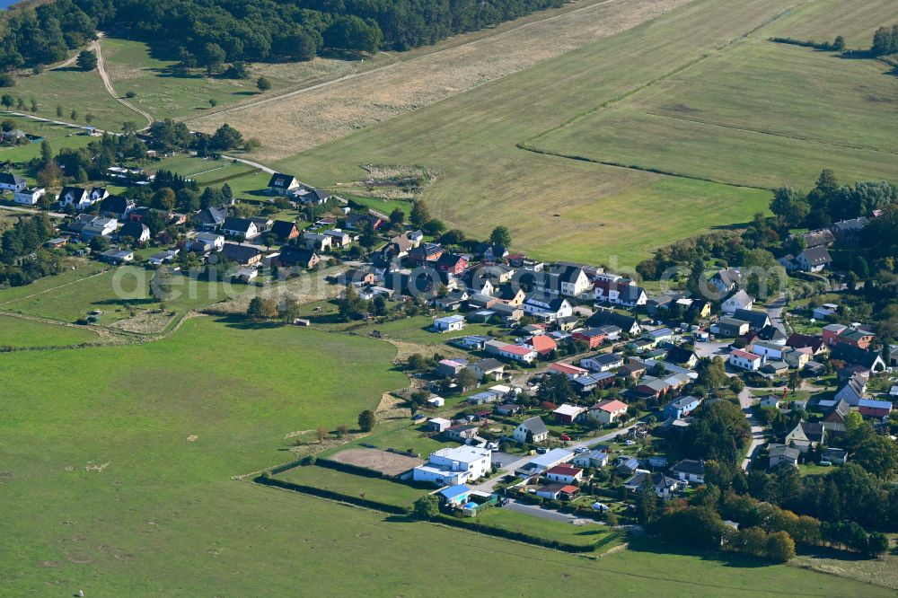 Aerial image Kröslin - Town view on the edge of agricultural fields and farmland of Spandowerhagen on the Baltic Sea coast in the state Mecklenburg - Western Pomerania, Germany