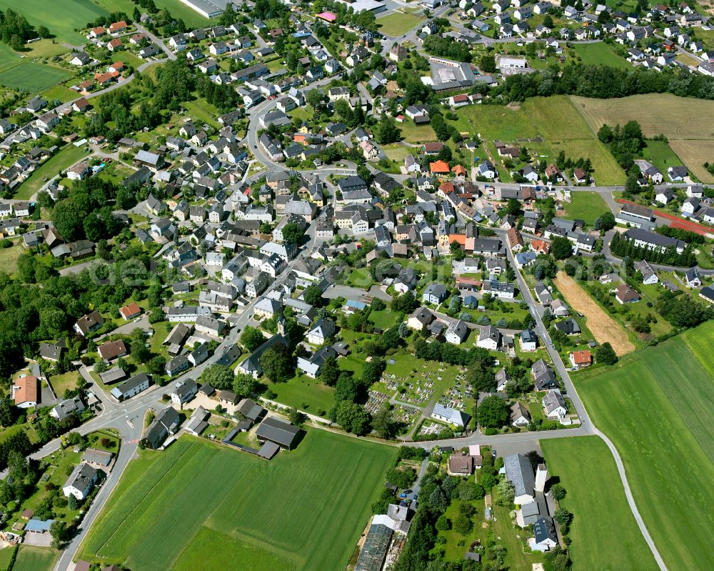 Aerial image Sparneck - Village view on the edge of agricultural fields and land in Sparneck in the state Bavaria, Germany