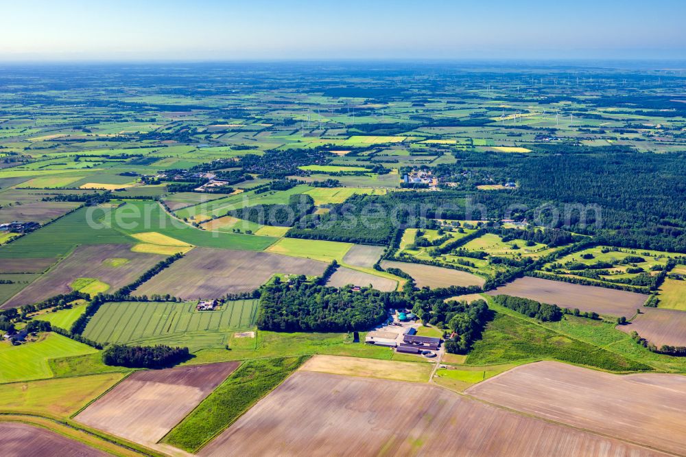 Stadum from above - Village view on the edge of agricultural fields and land in Stadum in the state Schleswig-Holstein, Germany