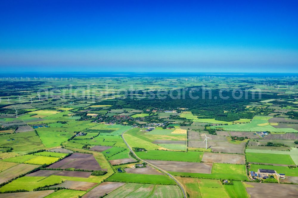 Stadum from the bird's eye view: Village view on the edge of agricultural fields and land in Stadum in the state Schleswig-Holstein, Germany