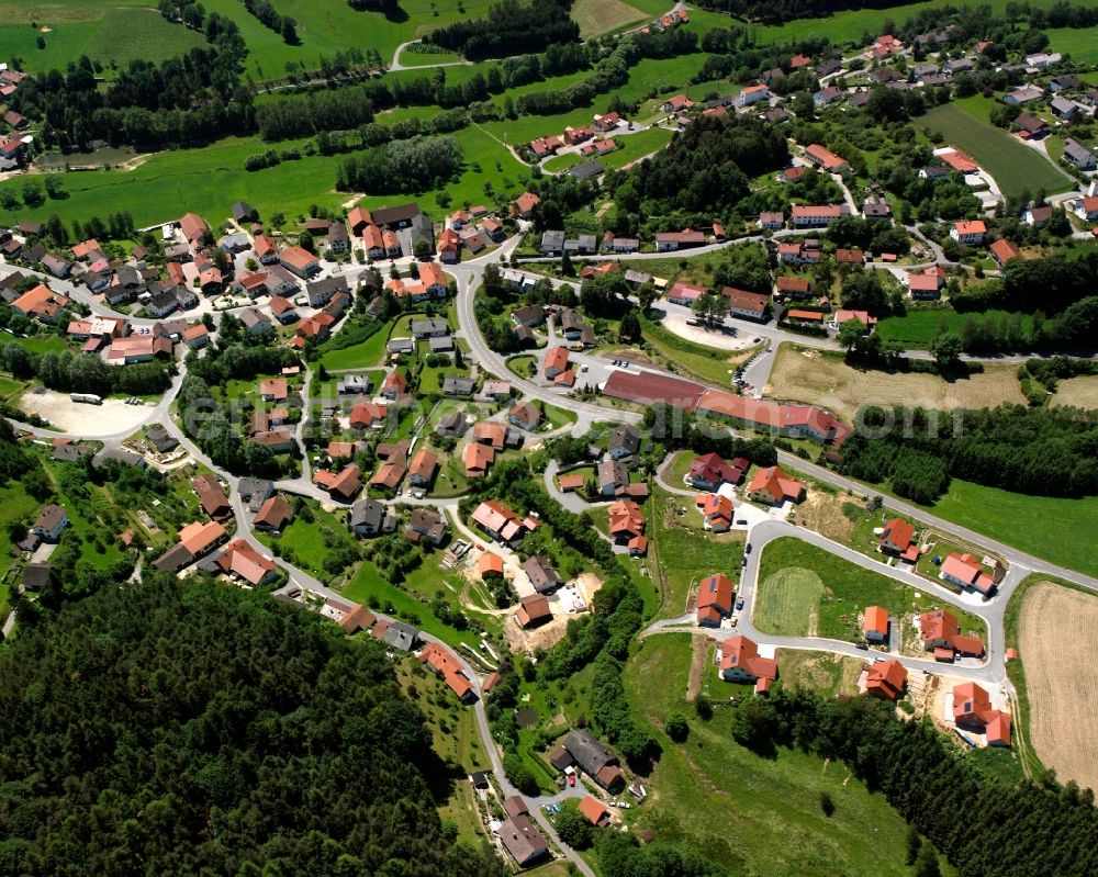 Stallwang from above - Village view on the edge of agricultural fields and land in Stallwang in the state Bavaria, Germany