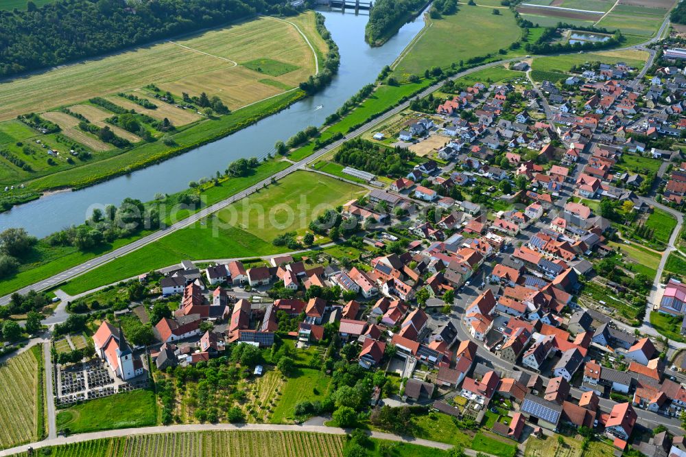 Stammheim from the bird's eye view: Village view on the edge of agricultural fields and land in Stammheim in the state Bavaria, Germany