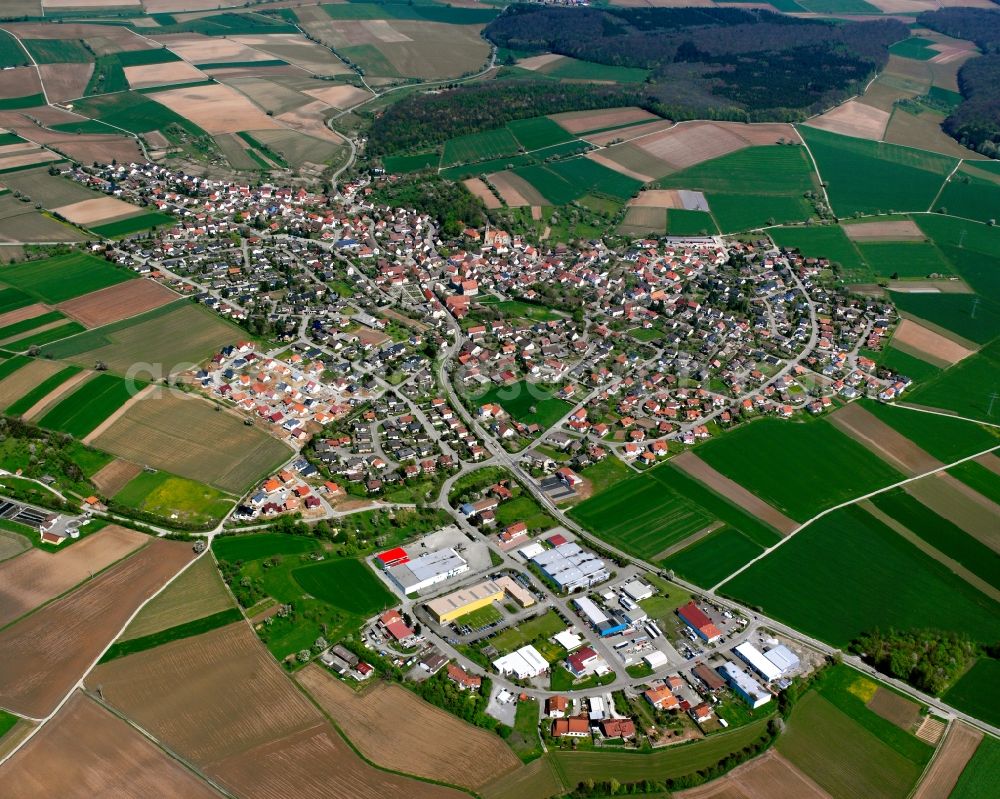 Aerial photograph Stein am Kocher - Village view on the edge of agricultural fields and land in Stein am Kocher in the state Baden-Wuerttemberg, Germany