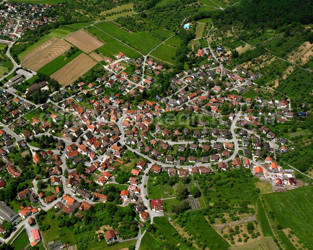 Steinenberg from above - Village view on the edge of agricultural fields and land in Steinenberg in the state Baden-Wuerttemberg, Germany