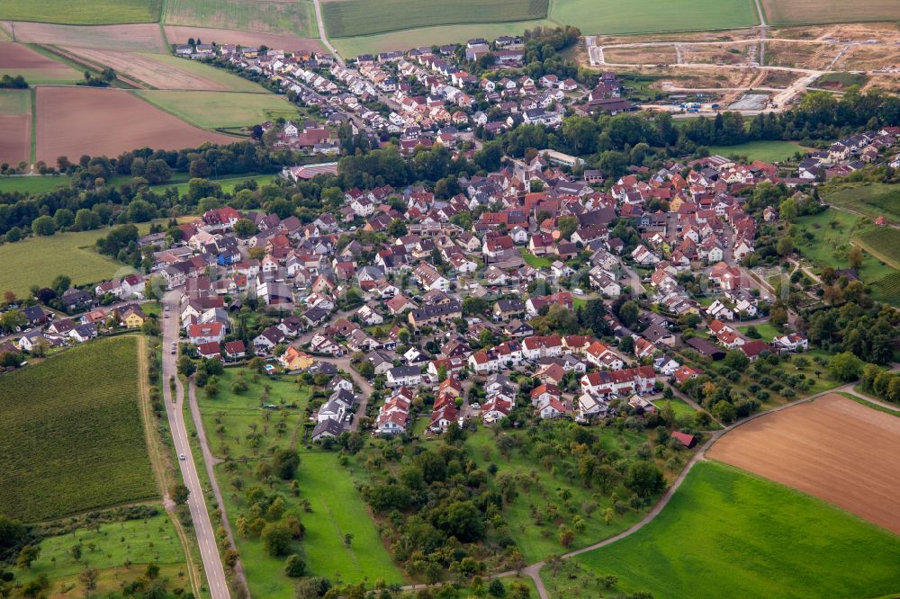 Steinheim an der Murr from above - Village view on the edge of agricultural fields and land in Steinheim an der Murr in the state Baden-Wuerttemberg, Germany