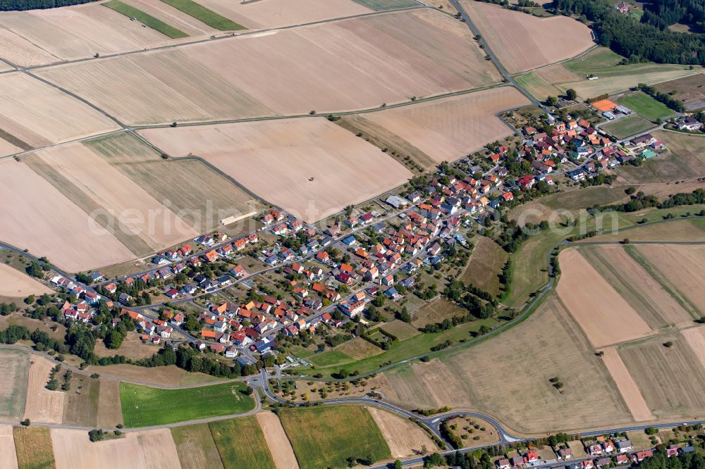 Steinmark from the bird's eye view: Village view on the edge of agricultural fields and land in Steinmark in the state Bavaria, Germany