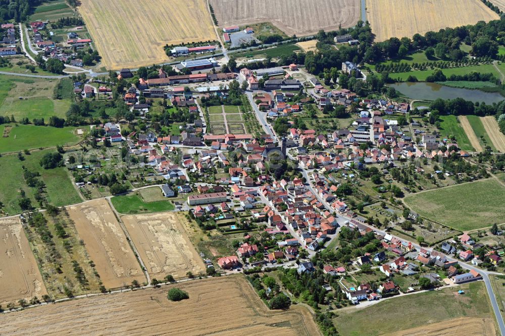 Steinthaleben from above - Village view on the edge of agricultural fields and land on street Torstrasse in Steinthaleben Kyffhaeuserland in the state Thuringia, Germany