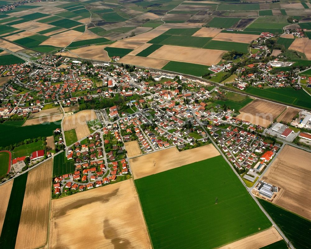 Straßkirchen from above - Village view on the edge of agricultural fields and land in Straßkirchen in the state Bavaria, Germany