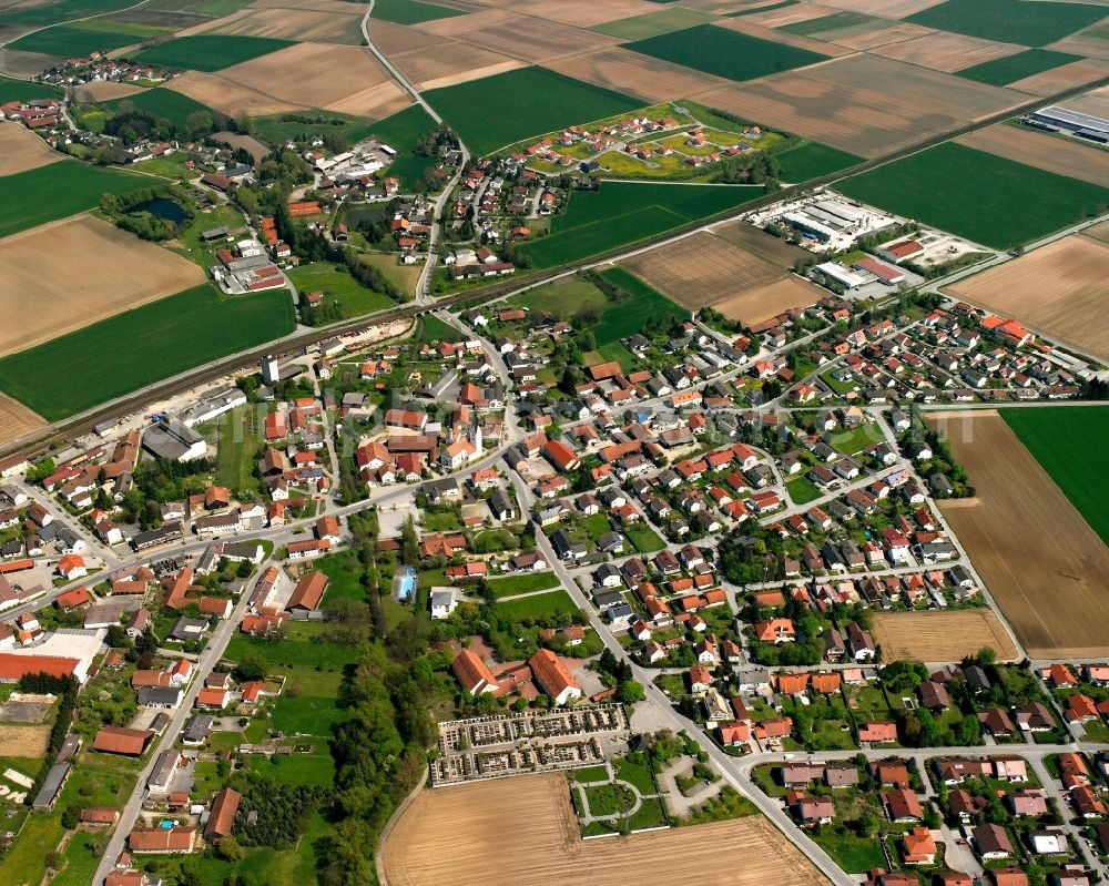 Straßkirchen from above - Village view on the edge of agricultural fields and land in Straßkirchen in the state Bavaria, Germany