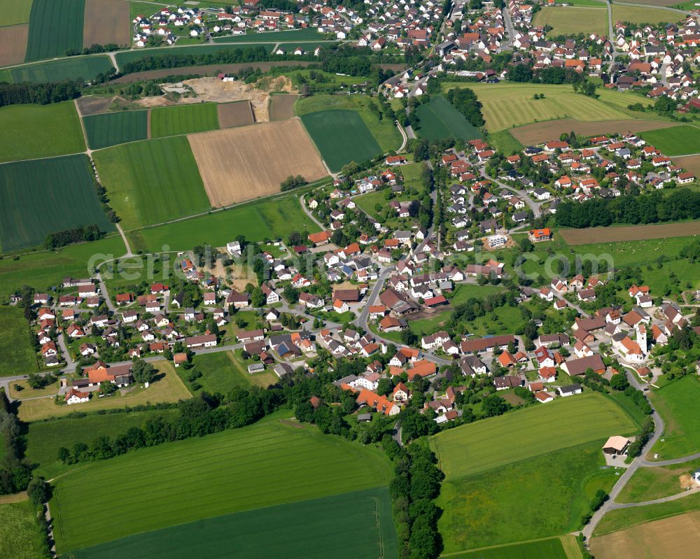 Sulmingen from above - Village view on the edge of agricultural fields and land in Sulmingen in the state Baden-Wuerttemberg, Germany