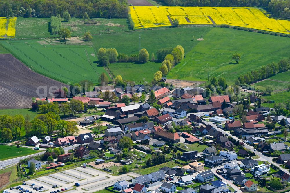 Tappenbeck from above - Village view on the edge of agricultural fields and land in Tappenbeck in the state Lower Saxony, Germany