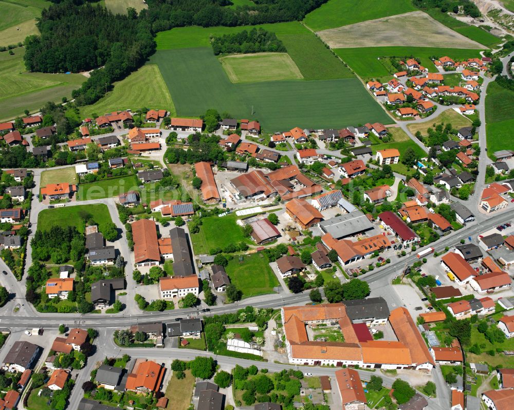 Aerial image Teising - Village view on the edge of agricultural fields and land in Teising in the state Bavaria, Germany