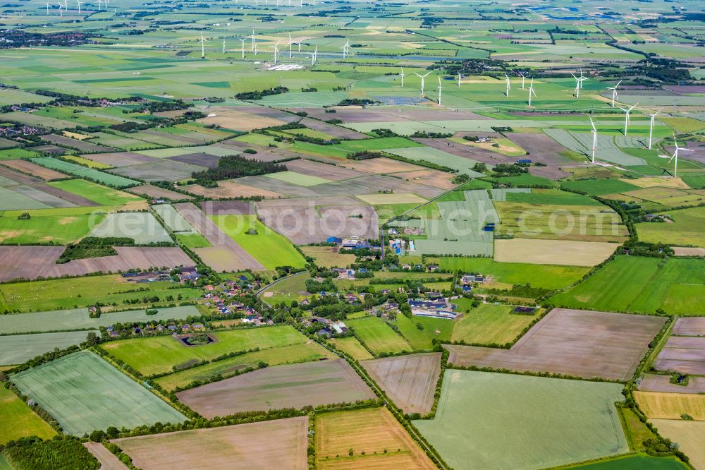 Aerial photograph Tinningstedt - Village view on the edge of agricultural fields and land in Tinningstedt in the state Schleswig-Holstein, Germany