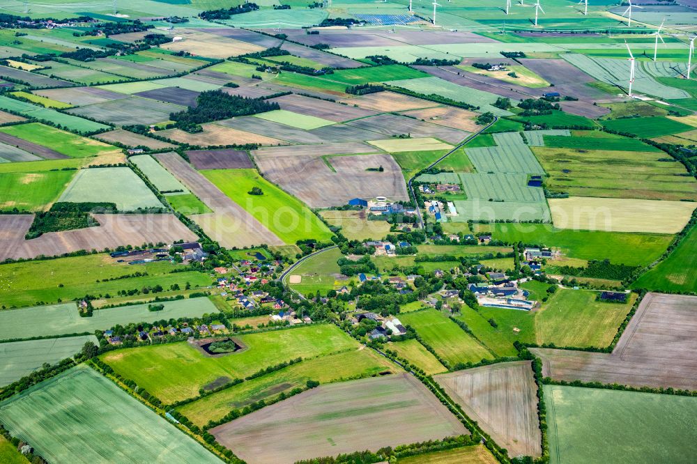 Tinningstedt from above - Village view on the edge of agricultural fields and land in Tinningstedt in the state Schleswig-Holstein, Germany