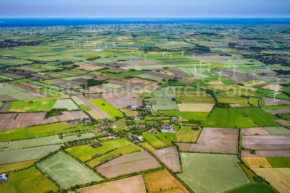 Tinningstedt from the bird's eye view: Village view on the edge of agricultural fields and land in Tinningstedt in the state Schleswig-Holstein, Germany