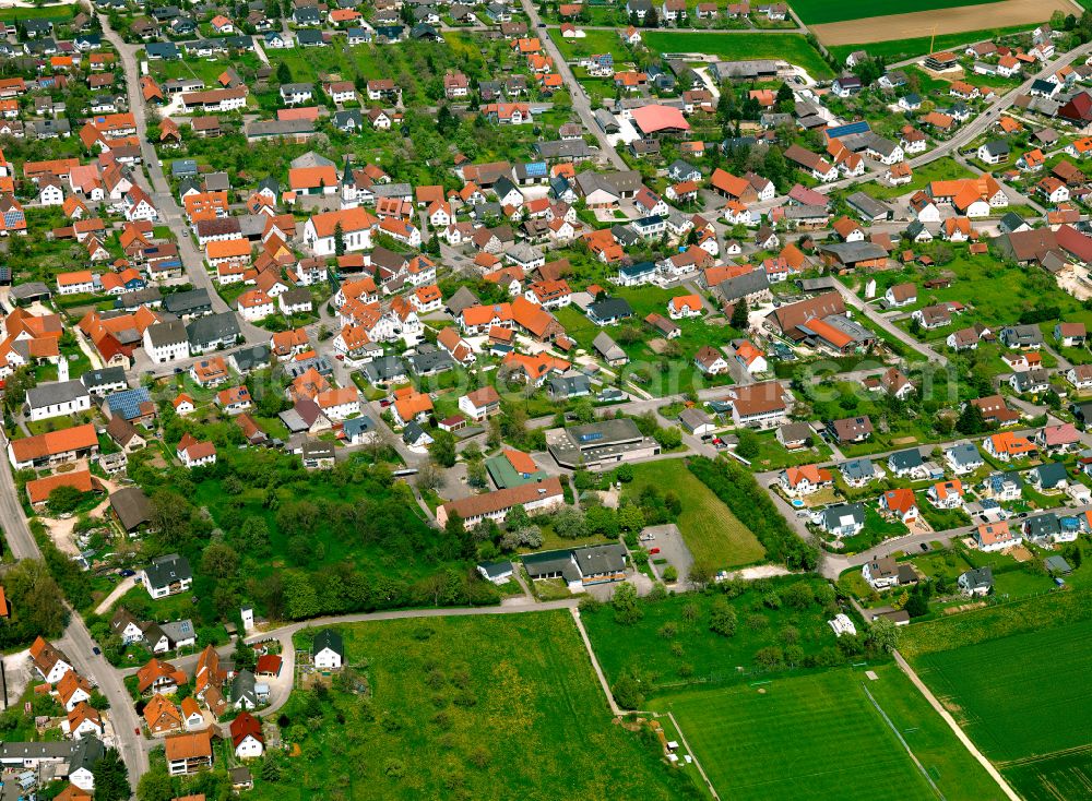 Tomerdingen from above - Village view on the edge of agricultural fields and land in Tomerdingen in the state Baden-Wuerttemberg, Germany