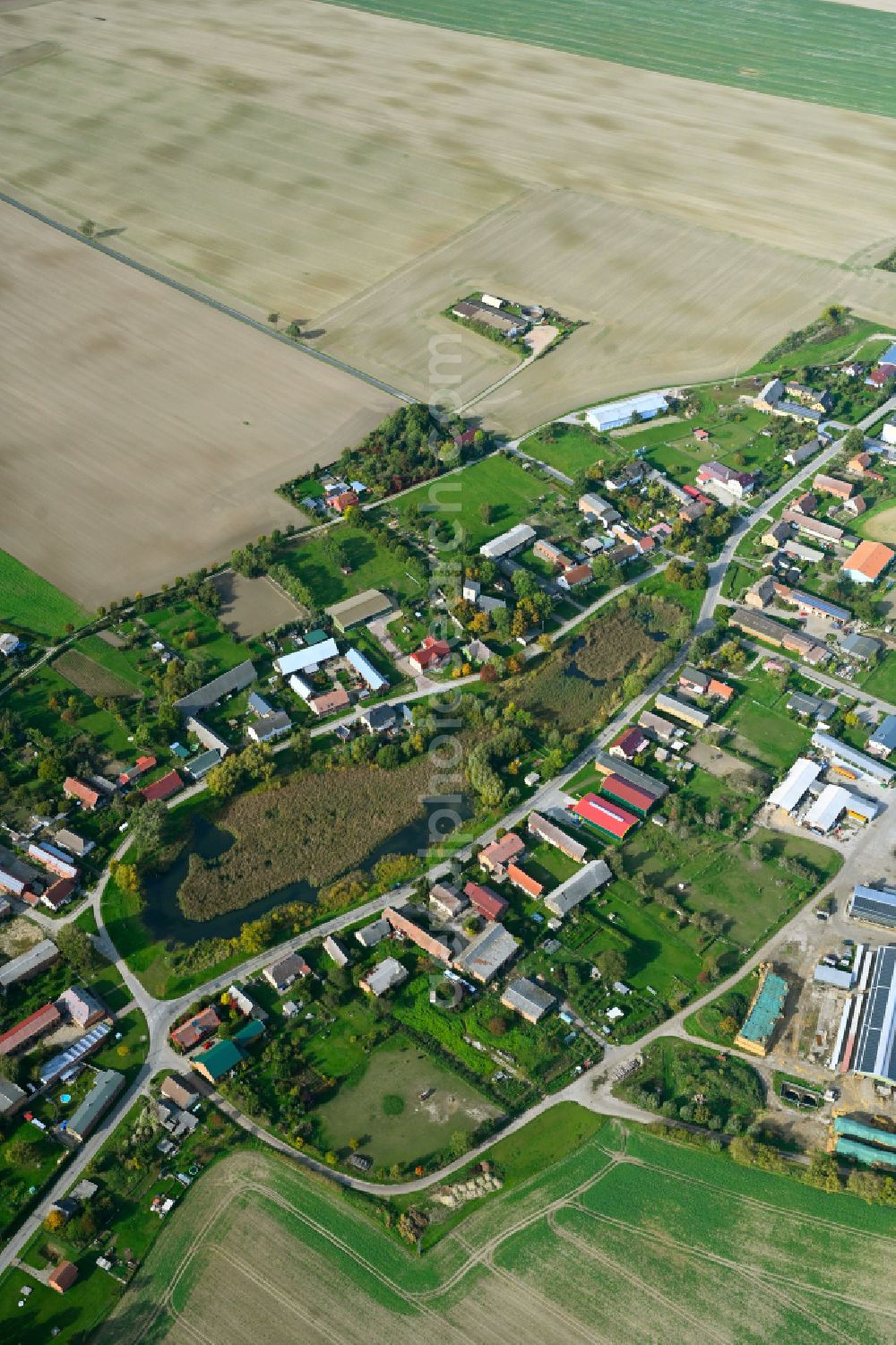 Uckerland from above - Village view on the edge of agricultural fields and land in the district Bandelow in Uckerland in the Uckermark in the state Brandenburg, Germany