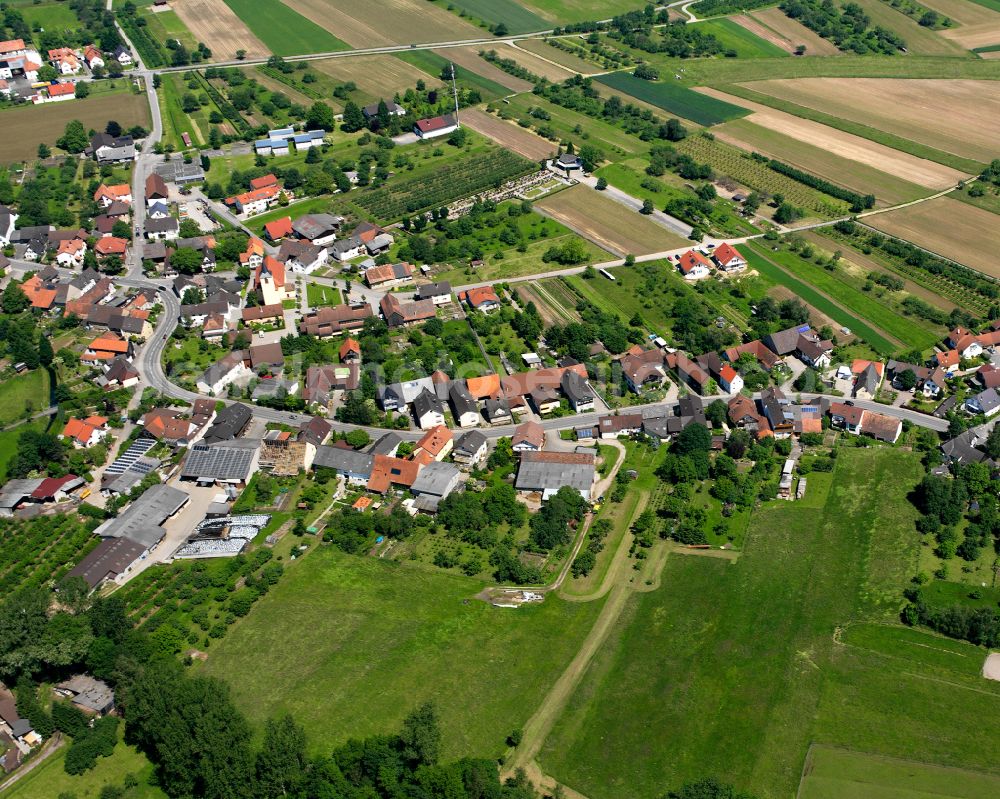 Ulm from the bird's eye view: Village view on the edge of agricultural fields and land in Ulm in the state Baden-Wuerttemberg, Germany