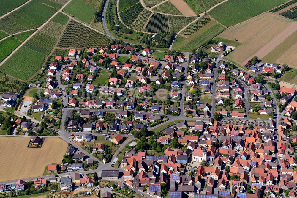 Aerial image Untereisenheim - Village view on the edge of agricultural fields and land in Untereisenheim in the state Bavaria, Germany