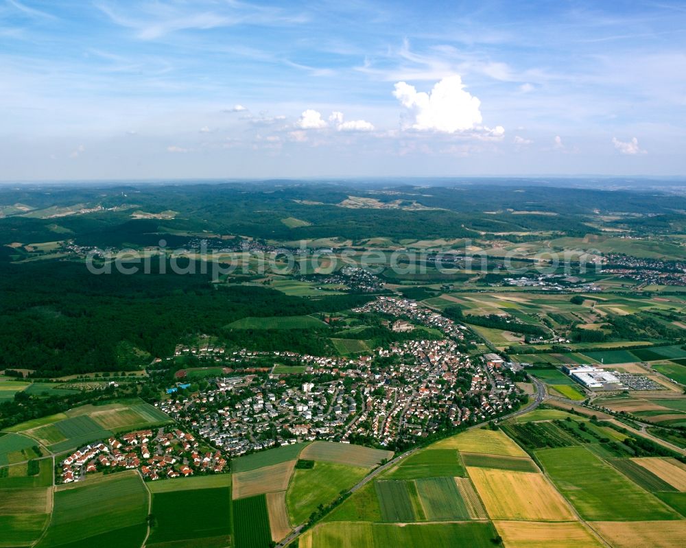 Untergruppenbach from above - Village view on the edge of agricultural fields and land in Untergruppenbach in the state Baden-Wuerttemberg, Germany