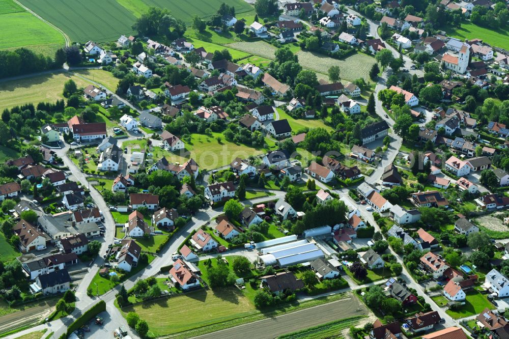 Aerial photograph Unterschweinbach - Village view on the edge of agricultural fields and land on street Hauptstrasse in Unterschweinbach in the state Bavaria, Germany