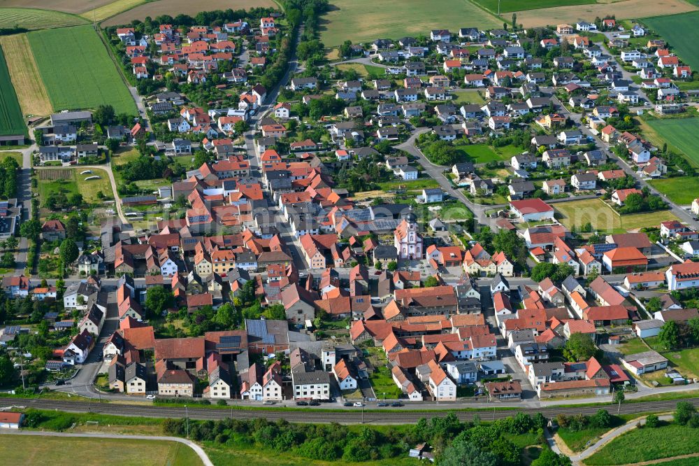 Untertheres from above - Village view on the edge of agricultural fields and land in Untertheres in the state Bavaria, Germany