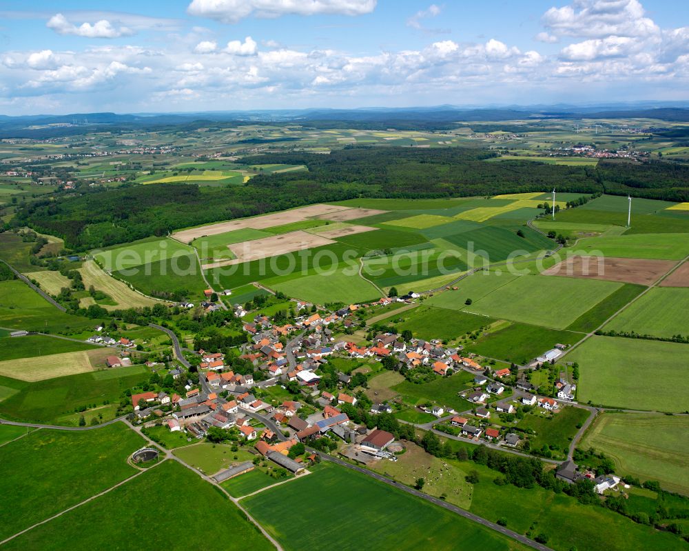 Vadenrod from above - Village view on the edge of agricultural fields and land in Vadenrod in the state Hesse, Germany