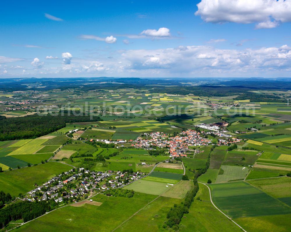 Wallenrod from above - Village view on the edge of agricultural fields and land in Wallenrod in the state Hesse, Germany