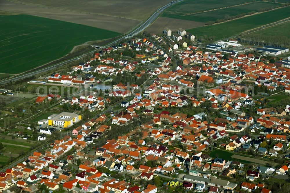 Walschleben from above - Village view on the edge of agricultural fields and land in Walschleben in the state Thuringia, Germany