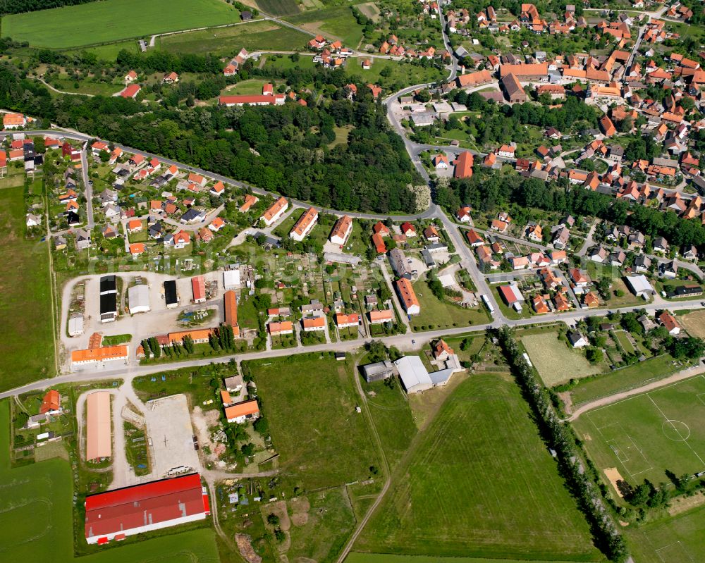 Wasserleben from above - Village view on the edge of agricultural fields and land in Wasserleben in the state Saxony-Anhalt, Germany