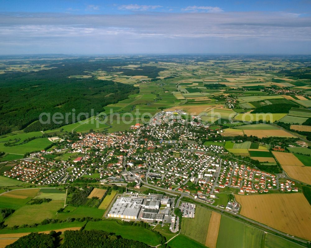 Wassertrüdingen from the bird's eye view: Village view on the edge of agricultural fields and land in Wassertrüdingen in the state Bavaria, Germany