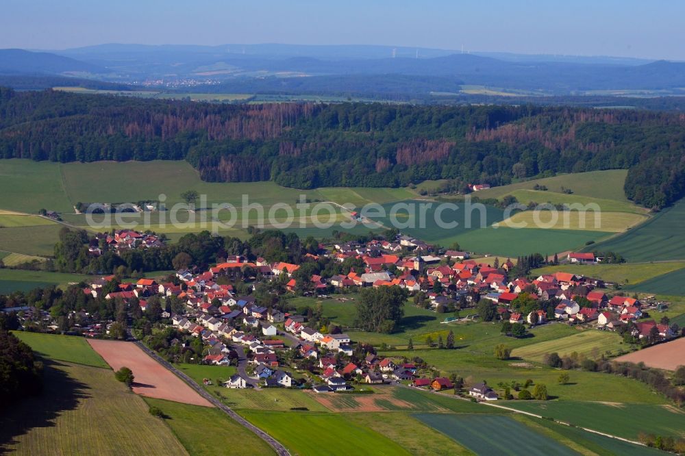 Aerial image Wehrda - Village view on the edge of agricultural fields and land in Wehrda in the state Hesse, Germany