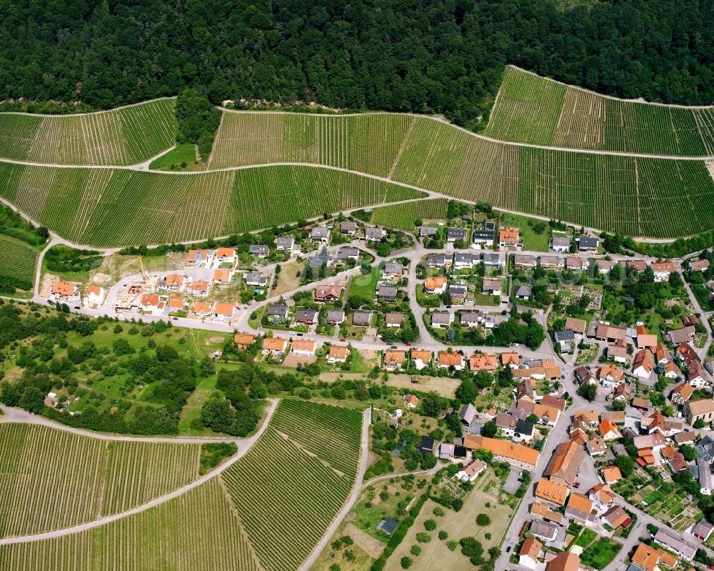 Weinsberg from above - Village view on the edge of agricultural fields and land in Weinsberg in the state Baden-Wuerttemberg, Germany