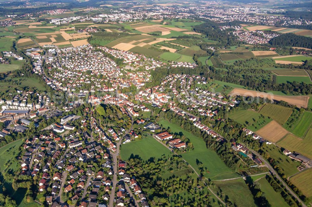 Weissach im Tal from above - Village view on the edge of agricultural fields and land on street Gartenstrasse in Weissach im Tal in the state Baden-Wuerttemberg, Germany