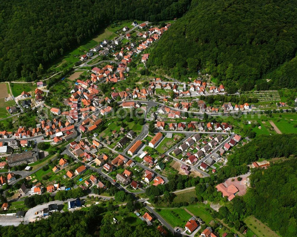 Wendehausen from the bird's eye view: Village view on the edge of agricultural fields and land in Wendehausen in the state Thuringia, Germany